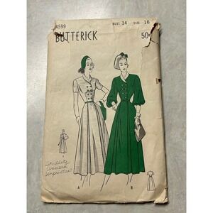 Vintage 40's-50's Butterick Pattern #4599 Pleated Dress Size 16 Bust 34" HTF